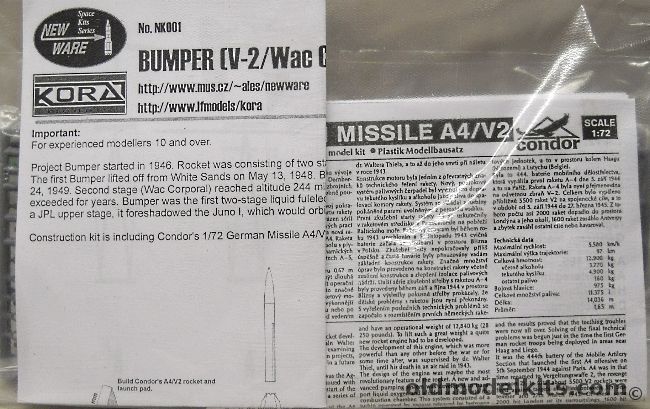 Condor 1/72 German Missile A4 / V2  With New Ware Project Bumper V-2 / WAC Corporal Conversion - Bagged, 001 plastic model kit
